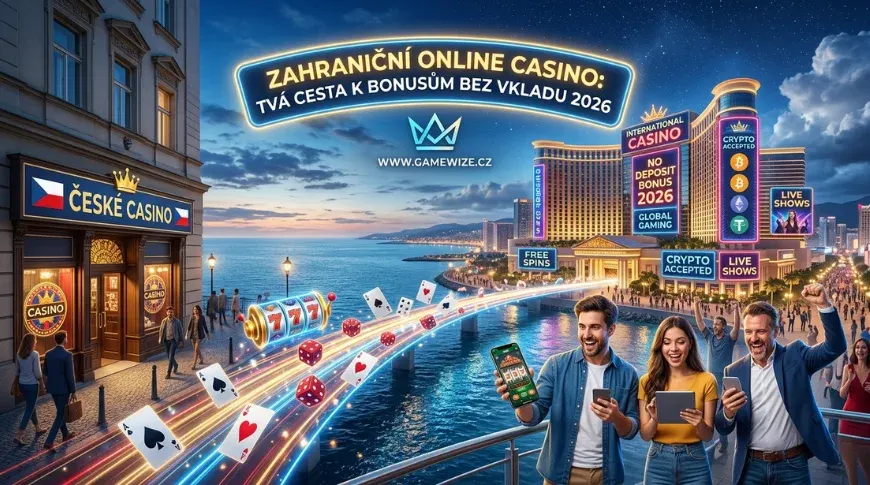 Ilustrační obrázek k článku o zahraničních online casinech pro rok 2026. Na obrázku je neónový nápis v češtině: „ZAHRANIČNÍ ONLINE CASINO 2026“ a „Kompletní průvodce světem mezinárodních heren | GameWize.cz“ a logo „W“. Budova „ČESKÉ CASINO“ na levé straně představuje lokální trh. Přes světelný most se přechází k moderní budově „INTERNATIONAL CASINO“ na pravé straně, která symbolizuje globální možnosti. Kolem mostu létají hrací karty a kostky. V popředí tři nadšení hráči (dva muži a jedna žena), kteří se radují a drží v rukách telefony a tablet.