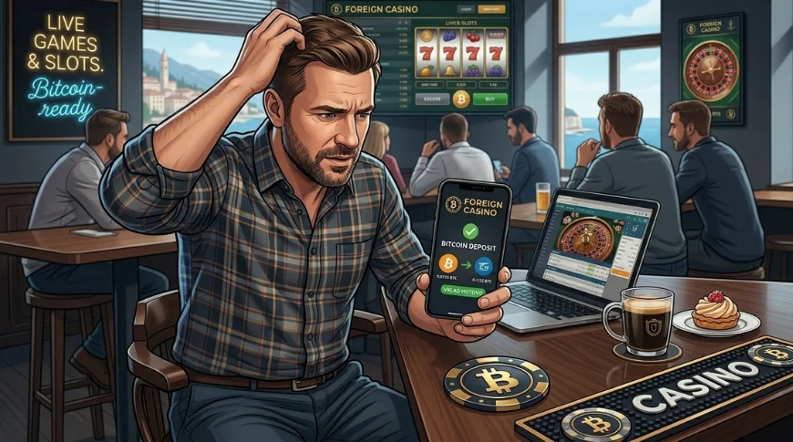 Realistická fotografie muže v moderním interiéru, který soustředěně drží chytrý telefon se zobrazeným potvrzením vkladu pomocí bitcoinu (Bitcoin Deposit). Na obrazovce telefonu je vidět logo bitcoinu a nápis „VKLAD HOTOVO“. Před mužem na stole leží otevřený notebook s rozhraním zahraničního online casina, káva a dezert. V pozadí je stylový barový prostor s neónovým nápisem „LIVE GAMES & SLOTS“ a dalšími lidmi, což navozuje atmosféru moderní digitální herny v roce 2026.