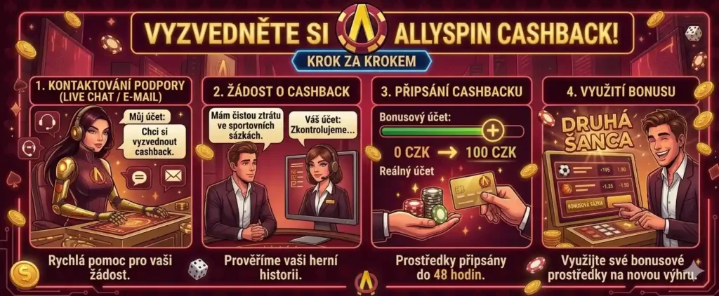 Infografika v tmavě vínovém (bordó) stylu kasina Allyspin znázorňující čtyři kroky k aktivaci cashbacku. 1. Kontaktování podpory přes Live Chat s maskotem superhrdinky. 2. Žádost o cashback a prověření herní historie operátorem. 3. Připsání prostředků na bonusový účet (příklad 100 CZK). 4. Využití bonusu jako 'Druhá šance' u sportovních sázek. Celý vizuál je laděn do luxusního neonového stylu s herními prvky jako žetony a kostky.