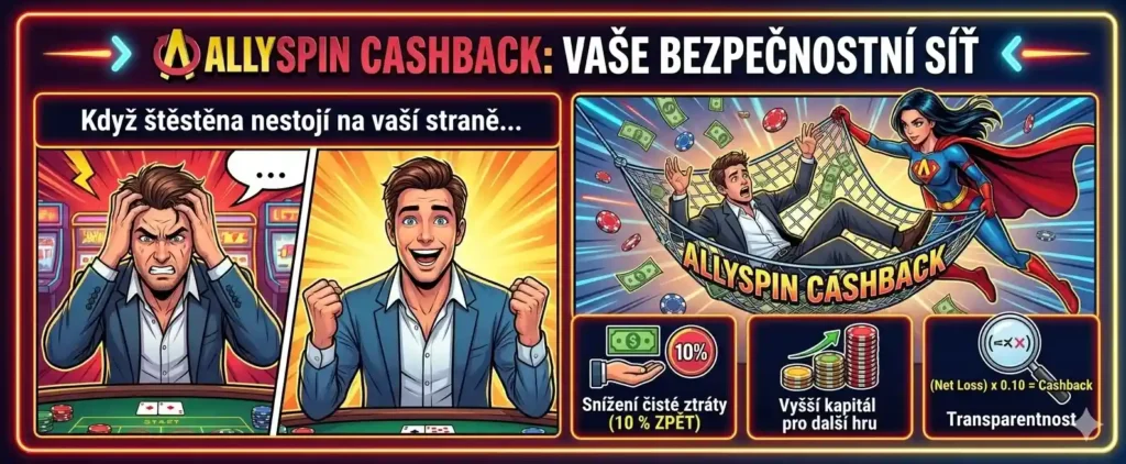 Infografika kasína Allyspin s komiksovým vizuálom a maskotom superhrdinky. Obrázok znázorňuje hráča v dvoch situáciách: najprv zúfalého pri neúspešnej hre a následne šťastného vďaka Allyspin Cashbacku, ktorý je zobrazený ako záchranná sieť zachytávajúca padajúceho hráča. Dolná časť obsahuje ikony vysvetľujúce výhody: 10 % späť zo straty, vyšší kapitál pre ďalšiu hru a transparentný výpočet cashbacku.