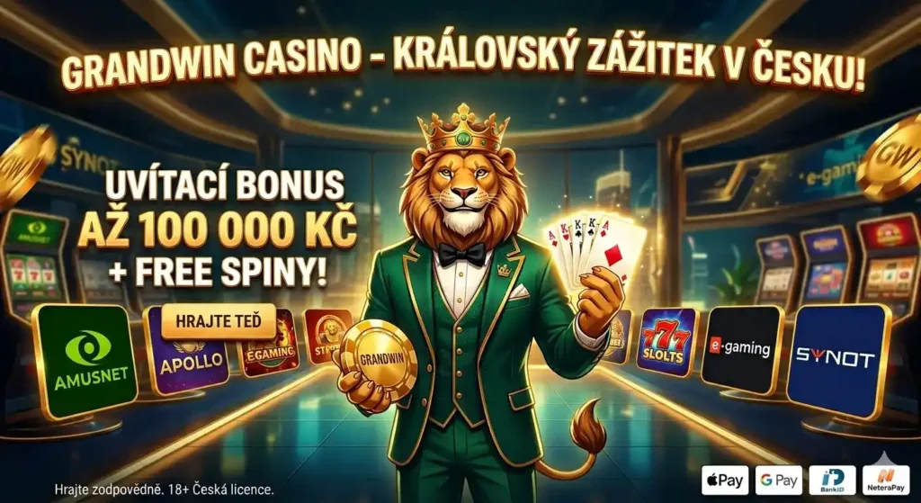 Reklamní banner GrandWin Casino s maskotem lva v luxusním zeleném obleku se zlatou korunou. Lev drží hrací karty a zlatý žeton GrandWin. Pozadí tvoří interiér moderního casina s hracími automaty značek Amusnet, Apollo, e-gaming a Synot. Dominantní text láká na uvítací bonus až 100 000 Kč a free spiny. Dole jsou loga platebních metod Apple Pay, Google Pay, BankID a NeteraPay s upozorněním na zodpovědné hraní.