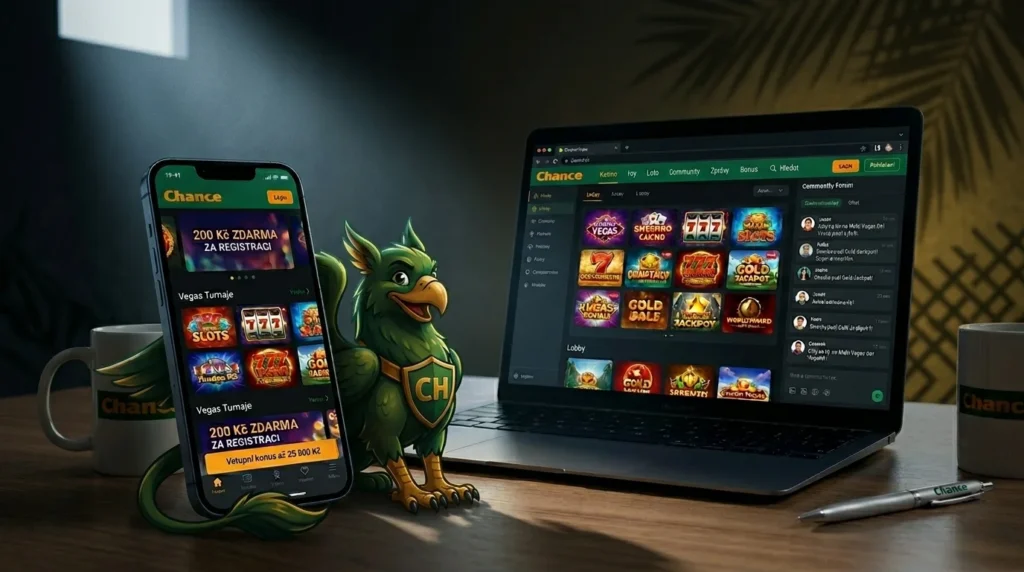 Mobilní telefon a otevřený notebook zobrazující herní rozhraní Chance Vegas s maskotem zeleného gryfa na tmavém pozadí se stylovým stínováním. Na obrazovkách je viditelný uvítací bonus 200 Kč zdarma za registraci a nabídka automatů.