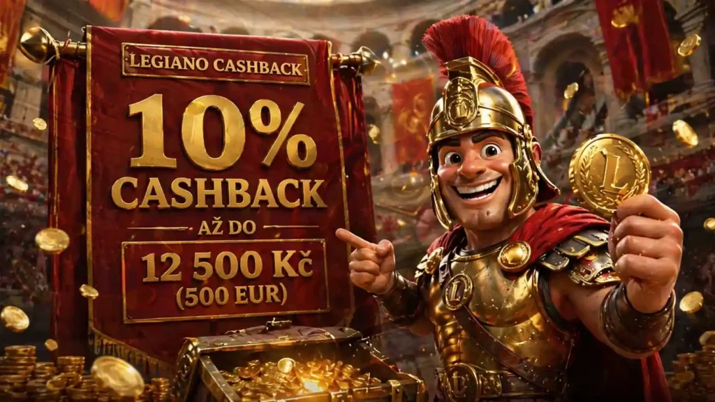Ilustrace maskota Legiano v podobě římského gladiátora v aréně, který drží zlatou minci a ukazuje na ceduli s nápisem „10% cashback až do 12 500 Kč (500 EUR)“, zatímco kolem něj létají mince a v pozadí jásá dav.