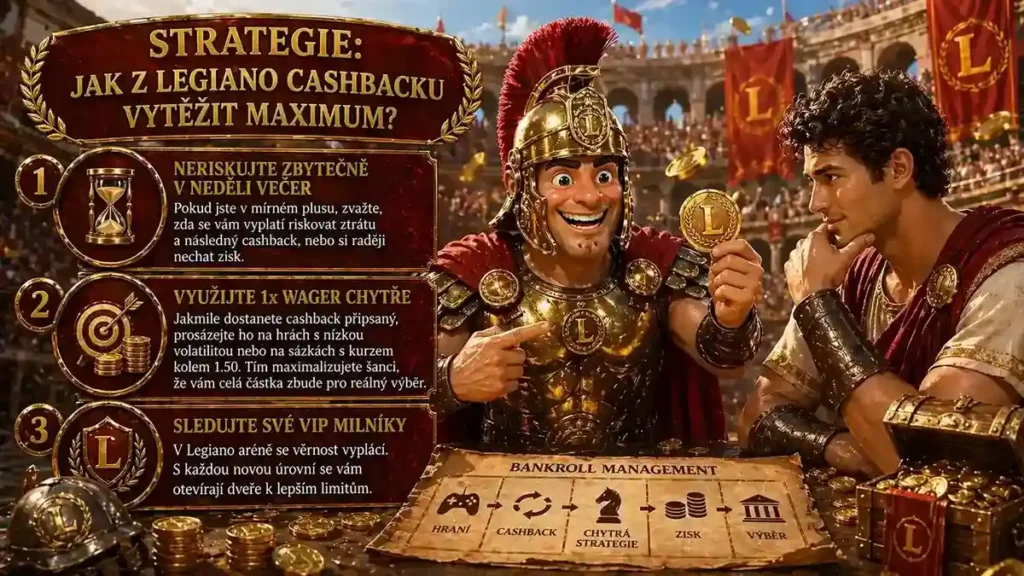 ilustrace v římském stylu s maskotem Legiano – usměvavým gladiátorem – který ukazuje zlatou minci hráči vedle sebe, zatímco spolu analyzují strategii cashbacku na pergamenu. Vlevo je přehled tipů (neriskovat v neděli, chytře protočit cashback, sledovat VIP úrovně), kolem létají zlaté mince a v pozadí je zaplněné koloseum s červenými prapory.