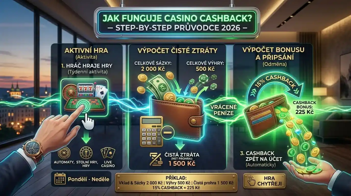 Infografika znázorňující step-by-step proces, jak funguje casino cashback v roce 2026. Vidíme ruku hráče s hodinkami, která prochází třemi fázemi: 'Aktivní hra' (Automaty, Stolní hry), 'Výpočet čisté ztráty' a 'Výpočet bonusu a připsání' s 15% cashbackem. Grafika obsahuje vizuál peněženky s logy měn (Kč, €) a stream 'VRÁCENÉ PENÍZE'. V dolní části je mosazná tabulka s konkrétním příkladem: 'Vklad & Sázky 2 000 Kč | Výhry 500 Kč | Čistá prohra 1 500 Kč | 15% CASHBACK = 225 Kč'. Celé je to v moderním high-tech penthouse apartmánu s výhledem na Prahu za soumraku a logem 'HRAJ INTELIGENTNE S GAMEWIZE.