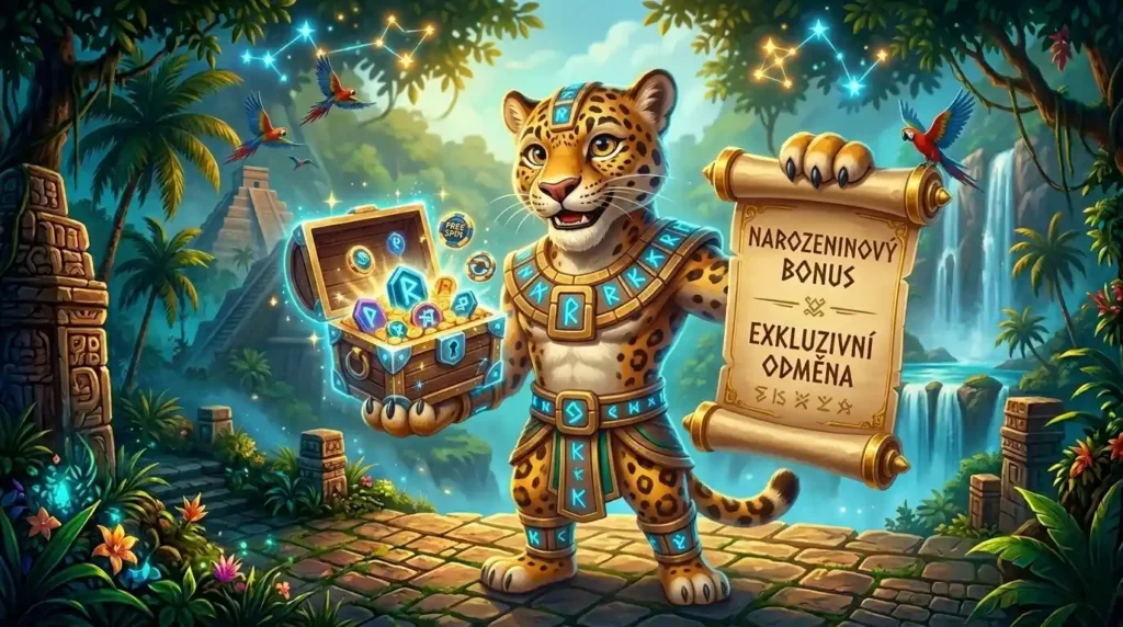 Maskot kasina Spinanga, jaguár v mayském brnění, drží truhlu s poklady a narozeninovým bonusem v prostředí tropické džungle s chrámy.