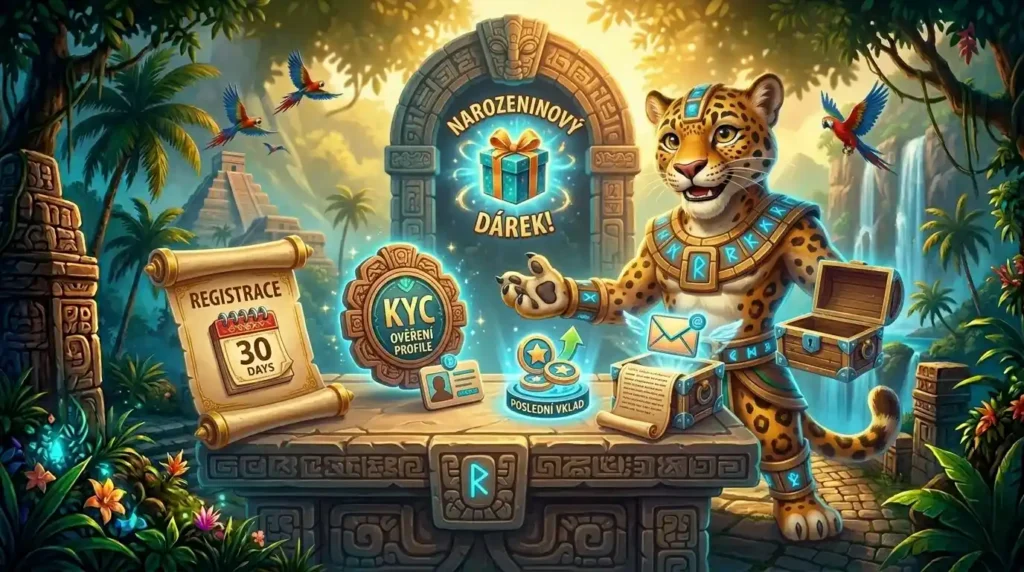 Maskot kasina Spinanga, jaguár v mayském brnění, stojící u kamenného oltáře v džungli a ukazující čtyři kroky k získání narozeninového bonusu: včasnou registraci (zvitok s 30denním kalendářem), kompletní profil (odznak s KYC), aktivitu na účtu (mince se šipkou) a kontrolu schránky (truhla s e-mailem). Nad ním svítí portál s narozeninovým dárkem.