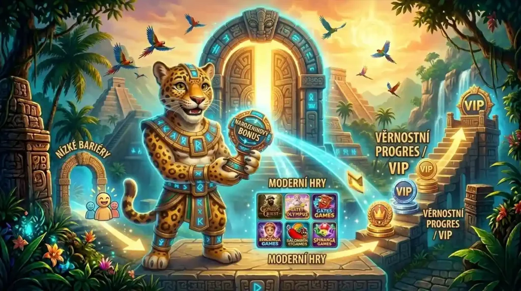 Maskot kasina Spinanga, jaguár v mayském brnění, stojící na kamenném oltáři v džungli a ukazující tři hlavní výhody narozeninového bonusu: snadnou dostupnost (dráha k bráně „NÍZKÉ BARIÉRY“), přístup k nejnovějším hrám (dráha k žiariacim mriežkam „MODERNÍ HRY“) a pomoc při postupu ve VIP systému (dráha k stoupajícímu schodišti „VĚRNOSTNÍ PROGRES / VIP“). Nad ním svítí portál s narozeninovým dárkem.