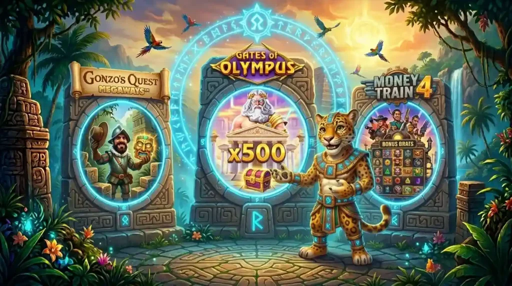 Maskot kasina Spinanga, jaguár v mayském brnění, představuje v džungli tři doporučené automaty pro využití bonusu: Gonzo's Quest Megaways s postavou dobyvatele, Gates of Olympus s bohem Diem a násobitelem x500 a Money Train 4 s herním polem plným bonusových funkcí. Vše je zasazeno do kamenných portálů s magickými runami.