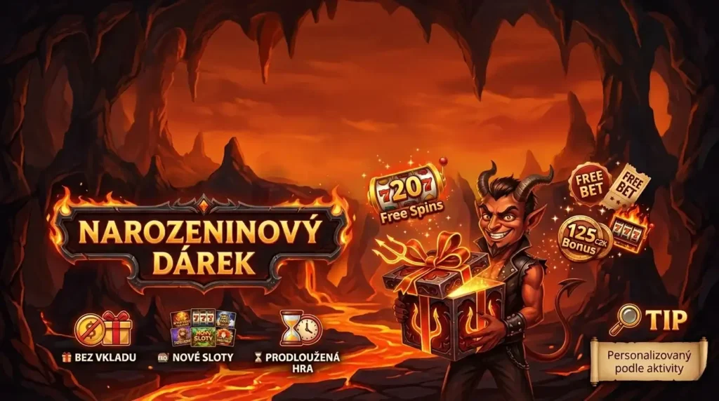 Kreslený čert v pekle otevírá svítící narozeninový dárek s motivem kasina.