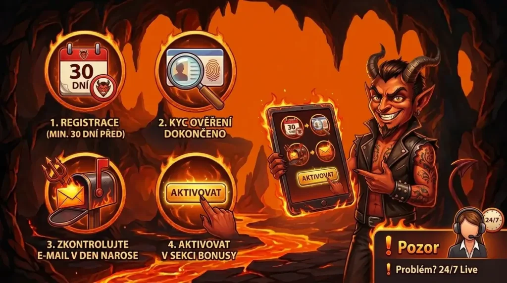 Infografika v pekelném stylu znázorňující 4 kroky k získání narozeninového bonusu v Hellspin casinu.