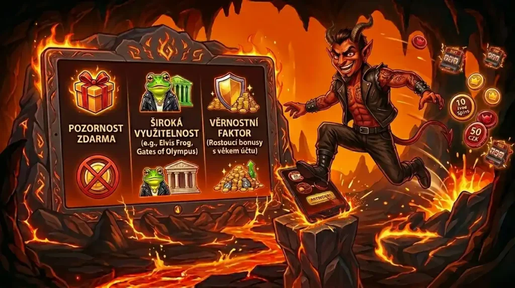 Kreslený čert v kožené vestě skáče v lávové jeskyni vedle infografiky s výhodami narozeninového bonusu.