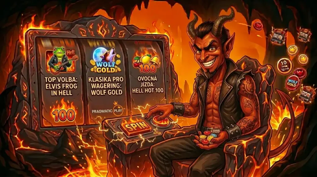 Kreslený čert v pekle sedí u výherního automatu a mačká svítící tlačítko SPIN.