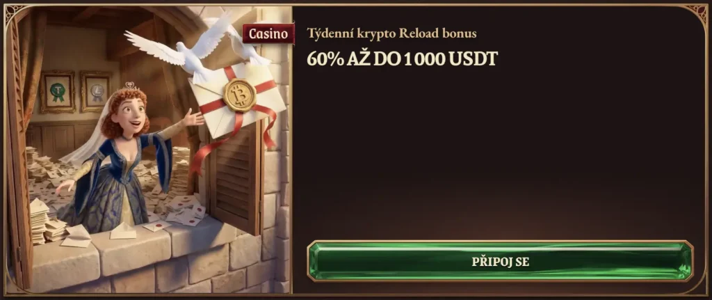 Týdenní krypto reload bonus 60 % až do 1 000 USDT v CrazyTower Casino
