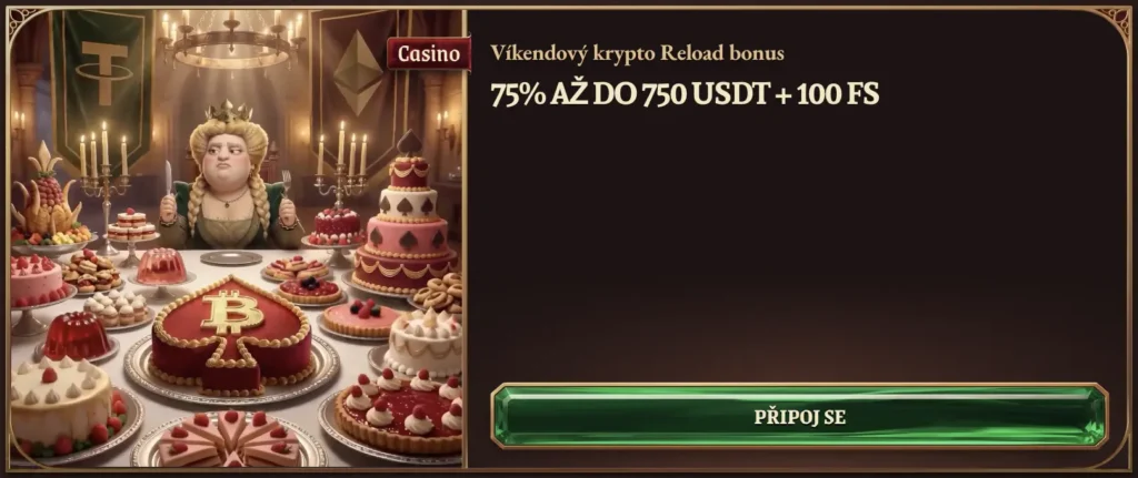 Víkendový krypto reload bonus 75 % až do 750 USDT a 100 free spinů v CrazyTower Casino