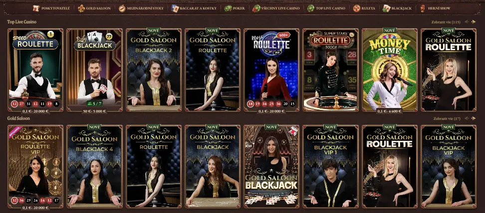 Nabídka her v živém casinu CrazyTower – živá ruleta, blackjack a Gold Saloon stoly
