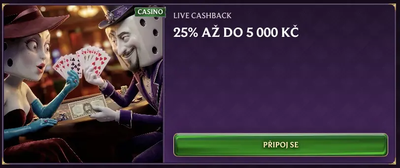 Live cashback 25 % až do 5 000 Kč v Dice Palace Casino