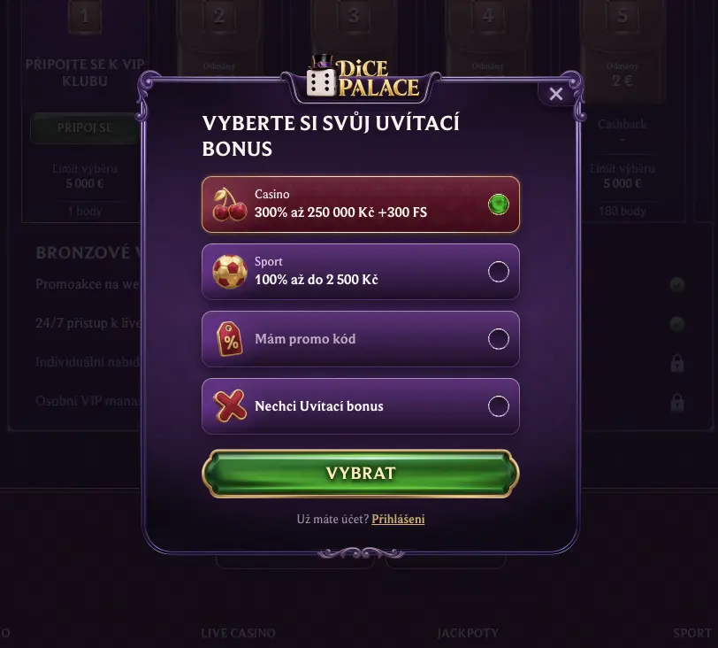 Výběr uvítacího bonusu při registraci v Dice Palace Casino – casino nebo sport