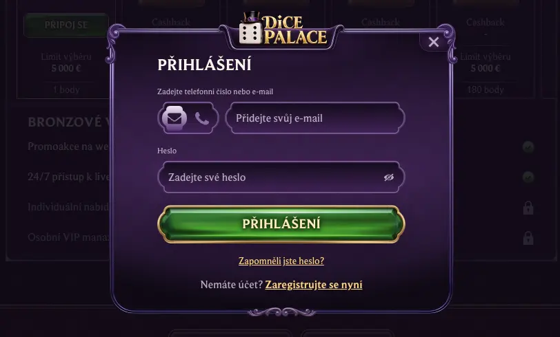Přihlášení do hráčského účtu v Dice Palace Casino