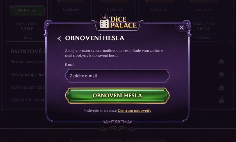 Obnovení zapomenutého hesla v Dice Palace Casino