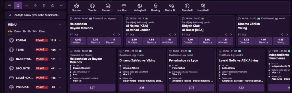Sázková kancelář Dice Palace Casino s nabídkou fotbalu, tenisu, hokeje a dalších sportů