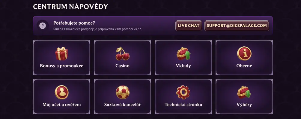Centrum nápovědy a zákaznická podpora Dice Palace Casino s live chatem 24/7