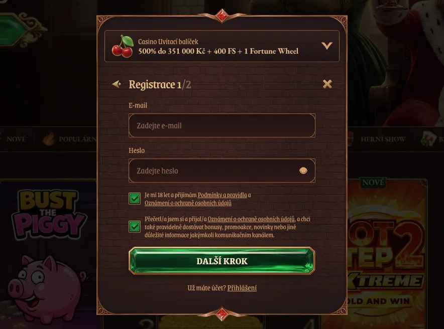 Registrační formulář CrazyTower Casino, krok 1 ze 2