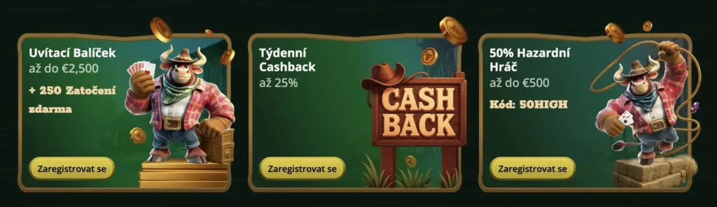 Bonusy v Cowboyspin Casino – uvítací balíček až 62 500 Kč + 250 free spinů, týdenní cashback až 25 % a highroller bonus 50 % s kódem 50HIGH