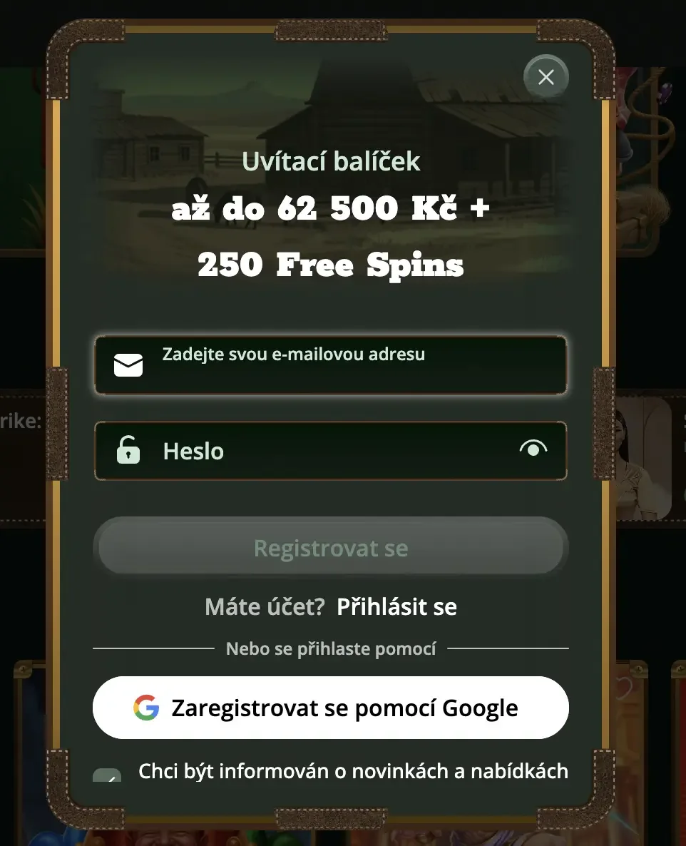 Registrační formulář Cowboyspin Casino v češtině – uvítací balíček až 62 500 Kč + 250 free spinů, e-mail, heslo nebo účet Google