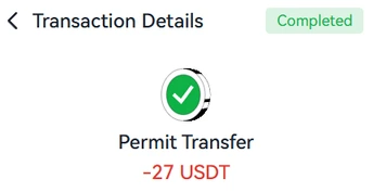Potvrzení našeho testovacího vkladu 27 USDT do Cowboyspin Casino v krypto peněžence – transakce dokončena