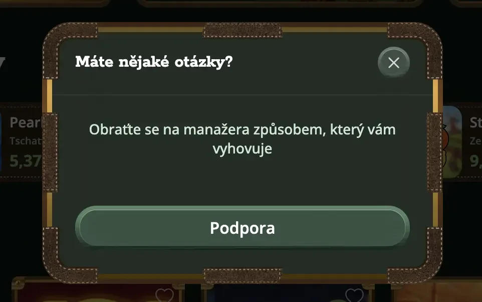 Okno zákaznické podpory Cowboyspin Casino s tlačítkem Podpora pro otevření live chatu